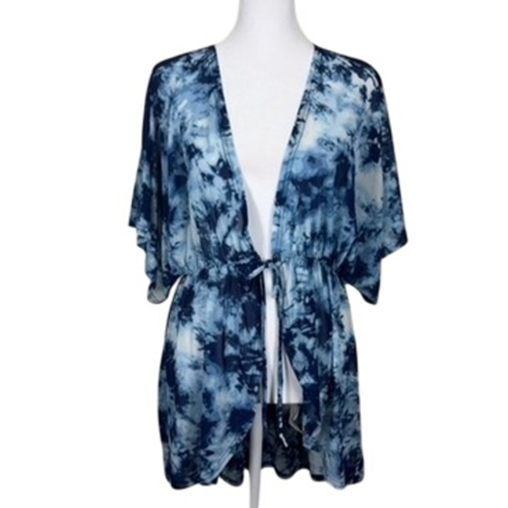 EMBER Womens Kimono Cover Up M Blue Tie Dye Drawstring Waist Beach Vacation